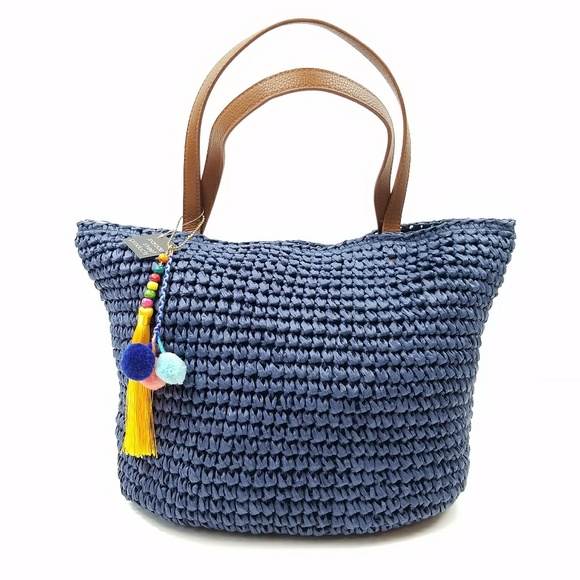 Navy Raffia Crochet Tote Bag Pom Pom Tassle - Picture 2 of 5